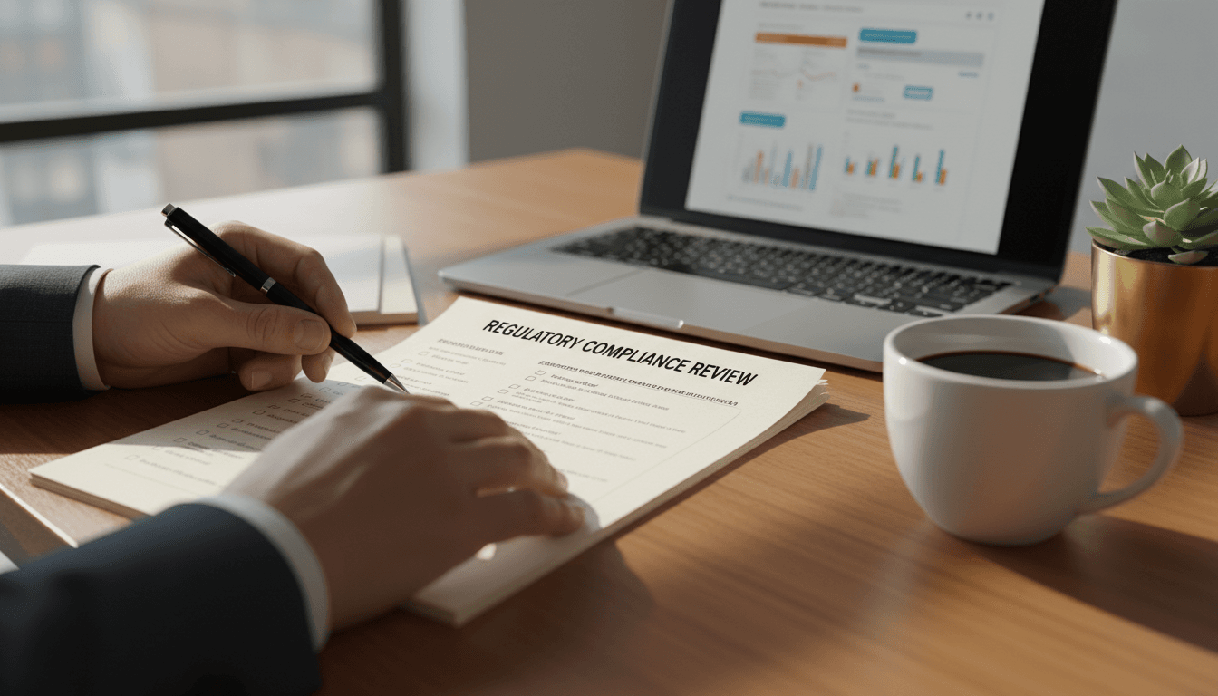 Hands reviewing a compliance checklist on a desk with a laptop in the background