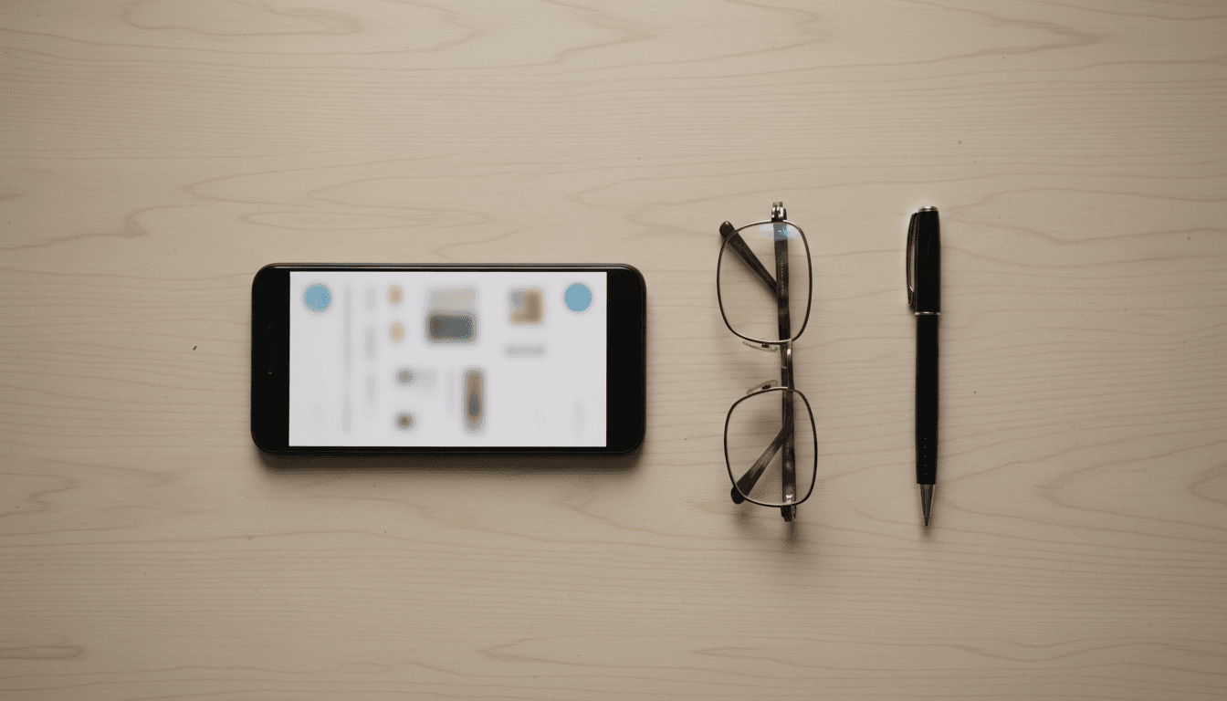 Smartphone displaying a text message flow on a wooden desk with reading glasses and a pen