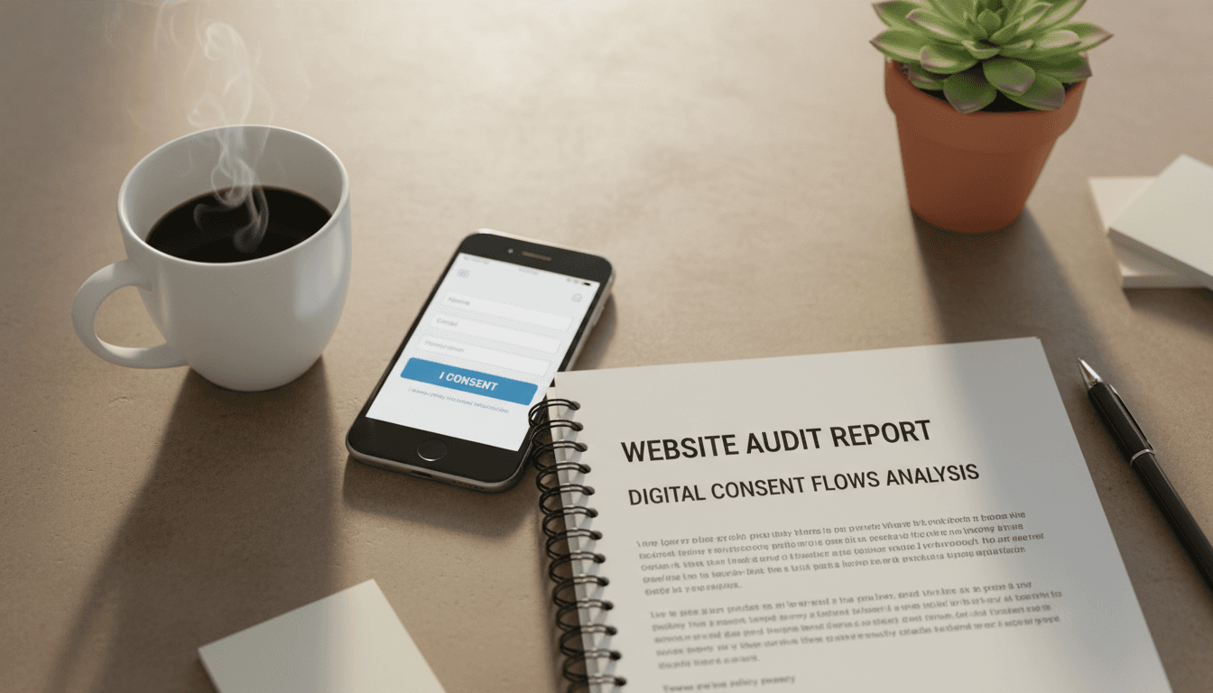 An overhead view of a desk with a phone showing a web form and printed audit report
