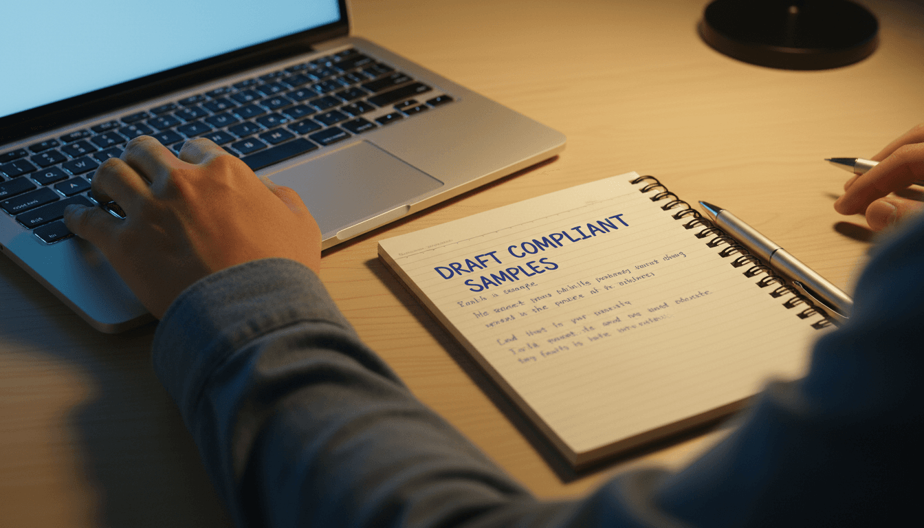 A person typing on a laptop with handwritten notes beside it